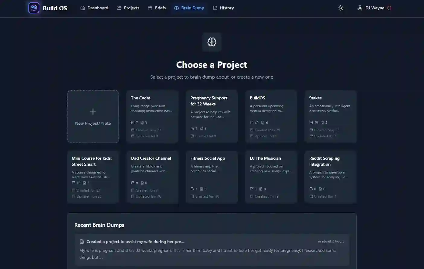 Build OS Brain Dump Interface - Project selection dropdown with Apple Notes-style input area