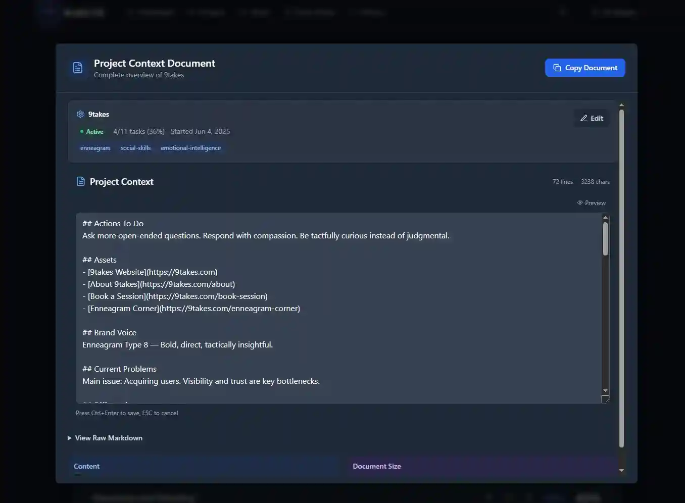 Rich markdown editor for editing project context