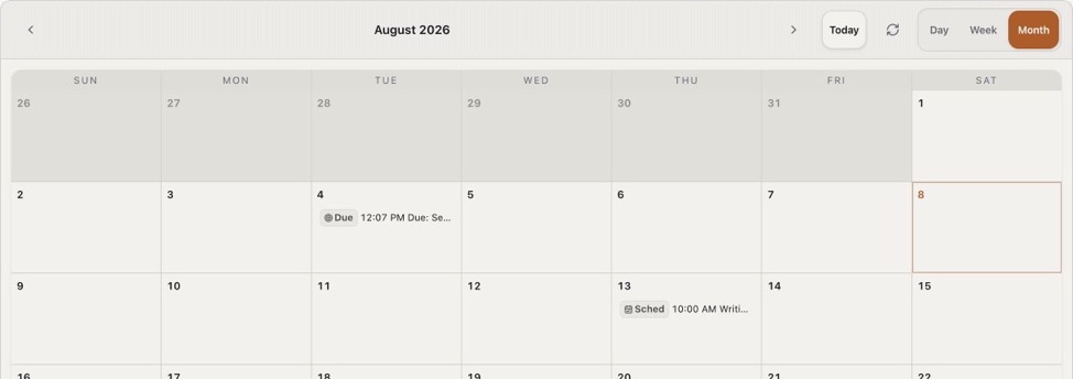 The BuildOS calendar with the writing block now scheduled on Thursday the 13th