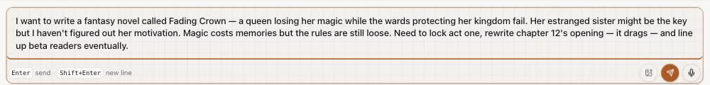 A messy braindump about a fantasy novel typed into BuildOS chat