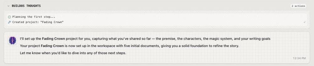 BuildOS chat receipts: Created project Fading Crown, plus a summary of the five documents it generated